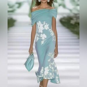 Women’s SZ L Blue White Floral Print Bodycon Cold Shoulder Summer Dress